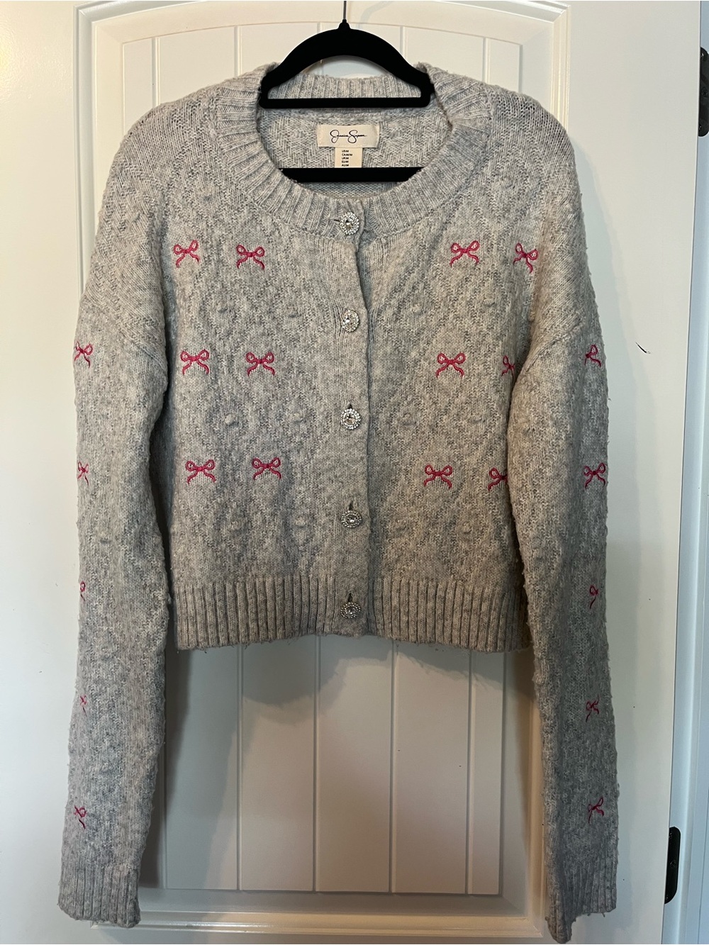 Gray Cardigan with Pink Bow Embroidery